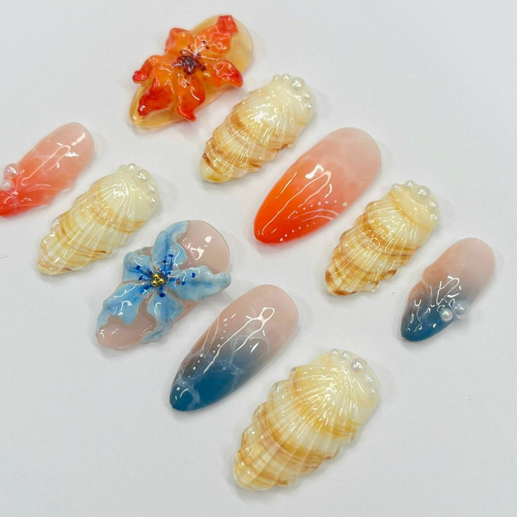 Press On Nail Tropical Sunset with Shell & Floral Art | 3D Fake Nail in Medium Almond | Handmade Summer Nail Art for Holiday, Vacation, Gift