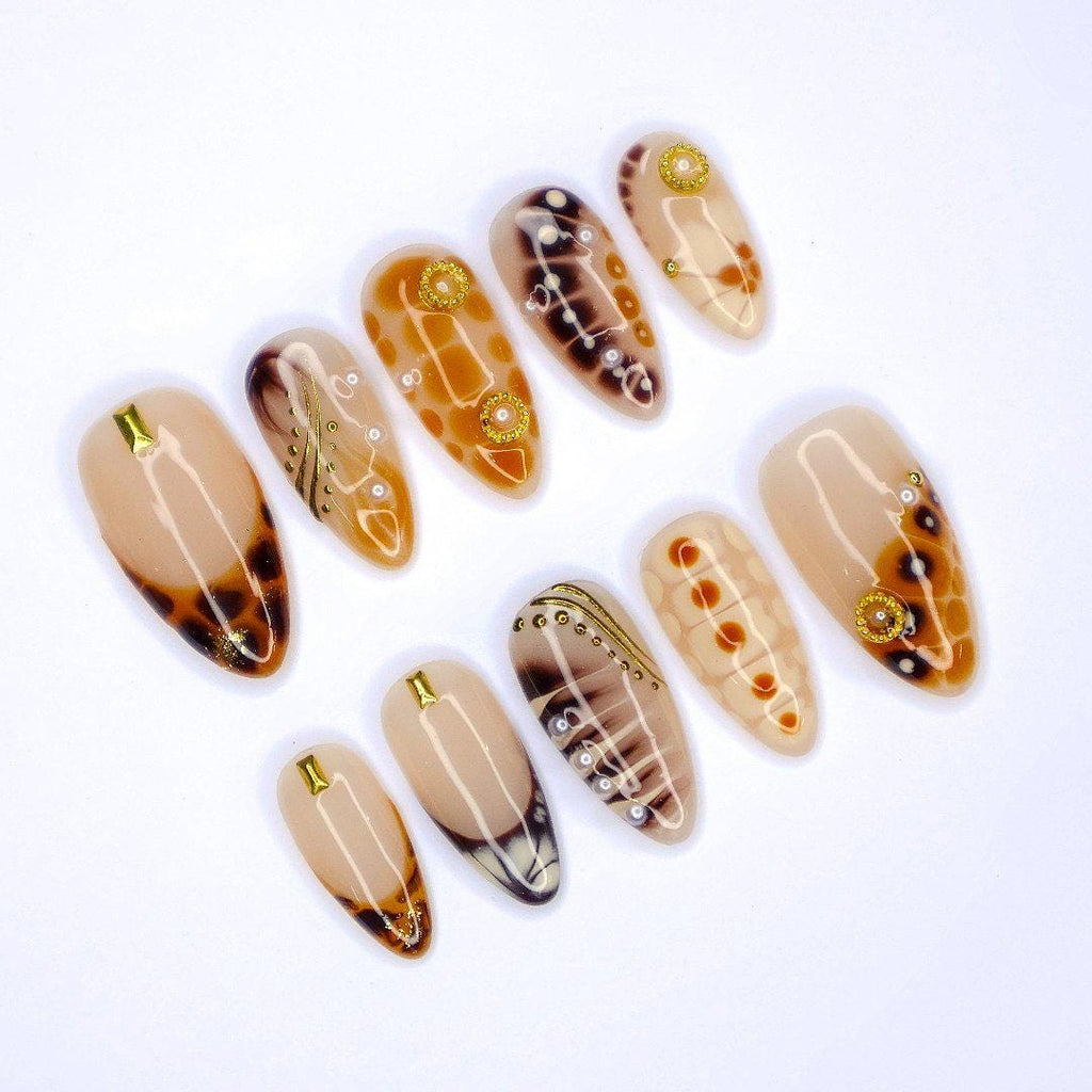 Press On Nails Tortoiseshell with Gold Accents | French Tip Fake Nails in Medium Almond | Handmade Fall Nail Art for Holiday, Vacation, Gift
