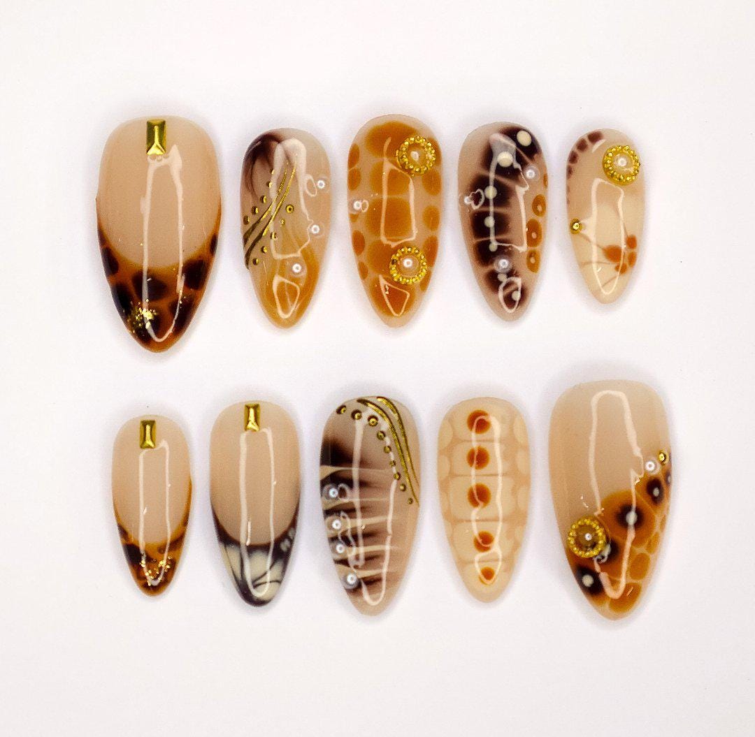 Press On Nails Tortoiseshell with Gold Accents | French Tip Fake Nails in Medium Almond | Handmade Fall Nail Art for Holiday, Vacation, Gift