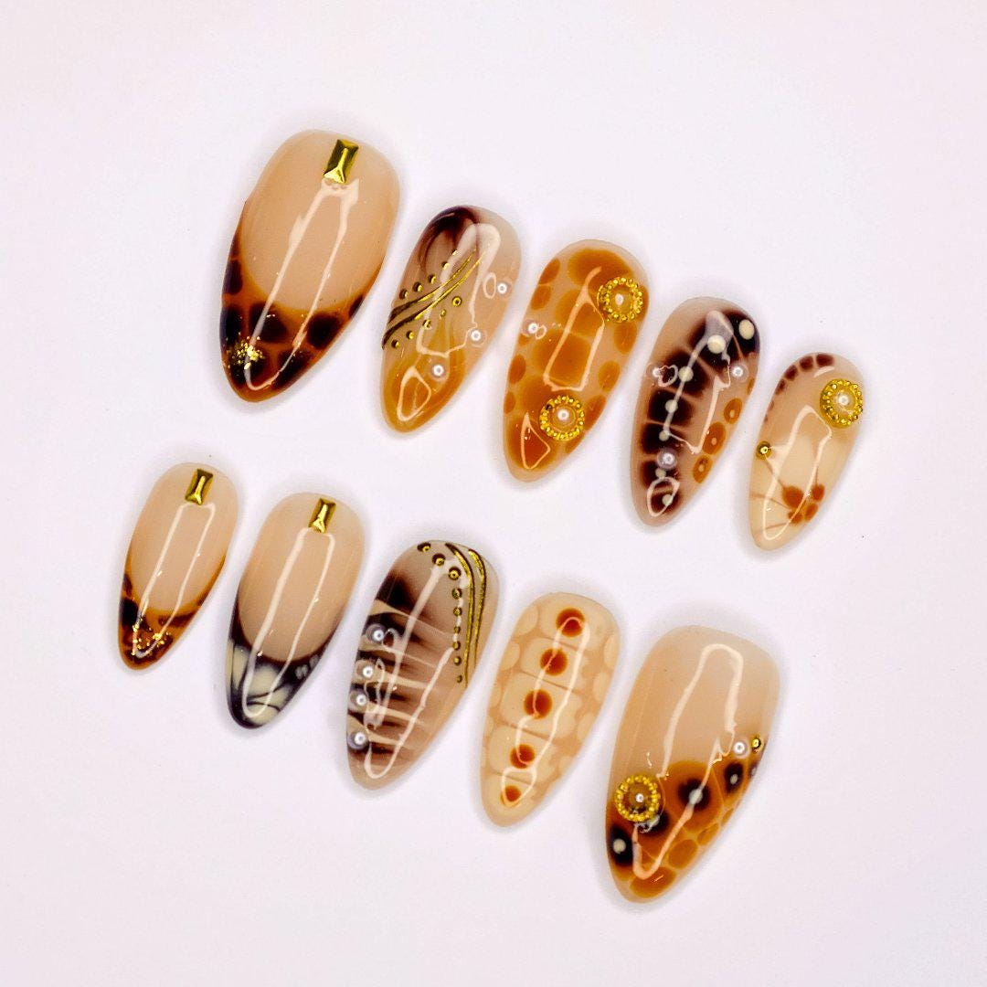 Press On Nails Tortoiseshell with Gold Accents | French Tip Fake Nails in Medium Almond | Handmade Fall Nail Art for Holiday, Vacation, Gift
