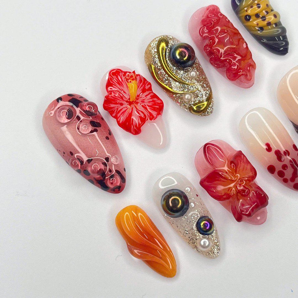Press On Nails Sunset Bloom with Hibicus | 3D Floral Fake Nails in Medium Almond | Handmade Autumn Nail Art for Holiday, Vacation, Birthday