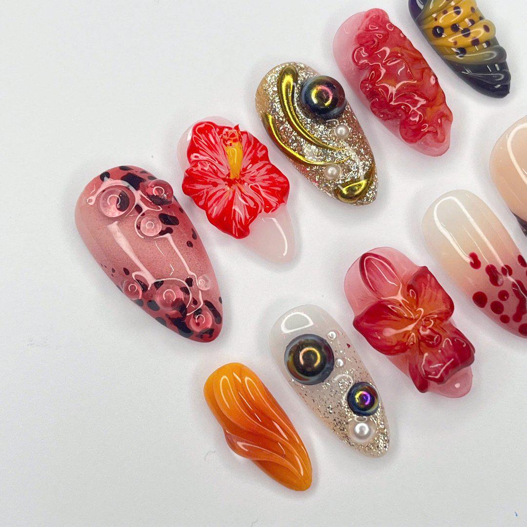 Press On Nails Sunset Bloom with Hibicus | 3D Floral Fake Nails in Medium Almond | Handmade Autumn Nail Art for Holiday, Vacation, Birthday