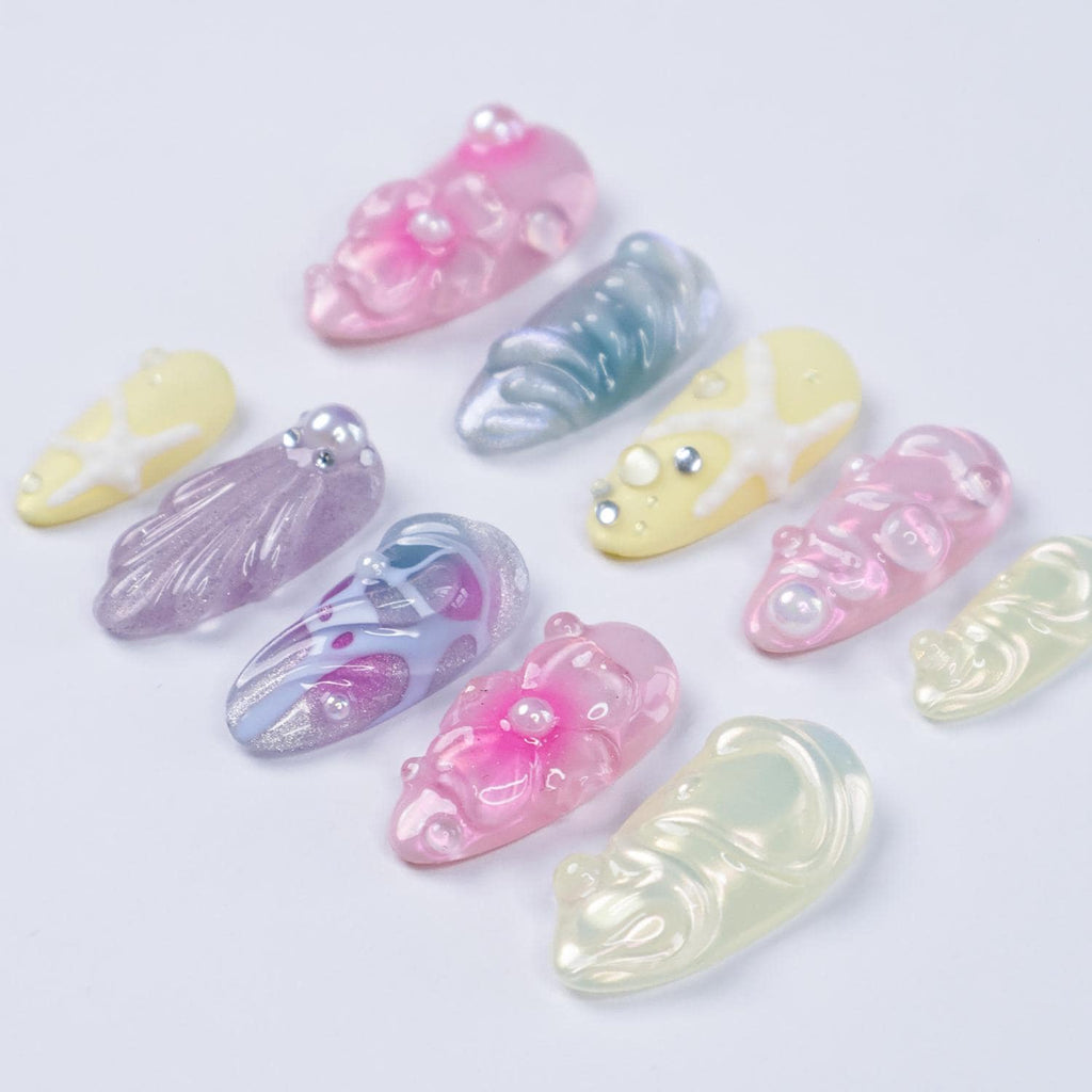 Mermaid Press On Nails, 3D Starfish Seashell Flower Nails, Iridescent Pearl Ocean Nails, Handmade Summer Beach Nails, Reusable Fake Nails