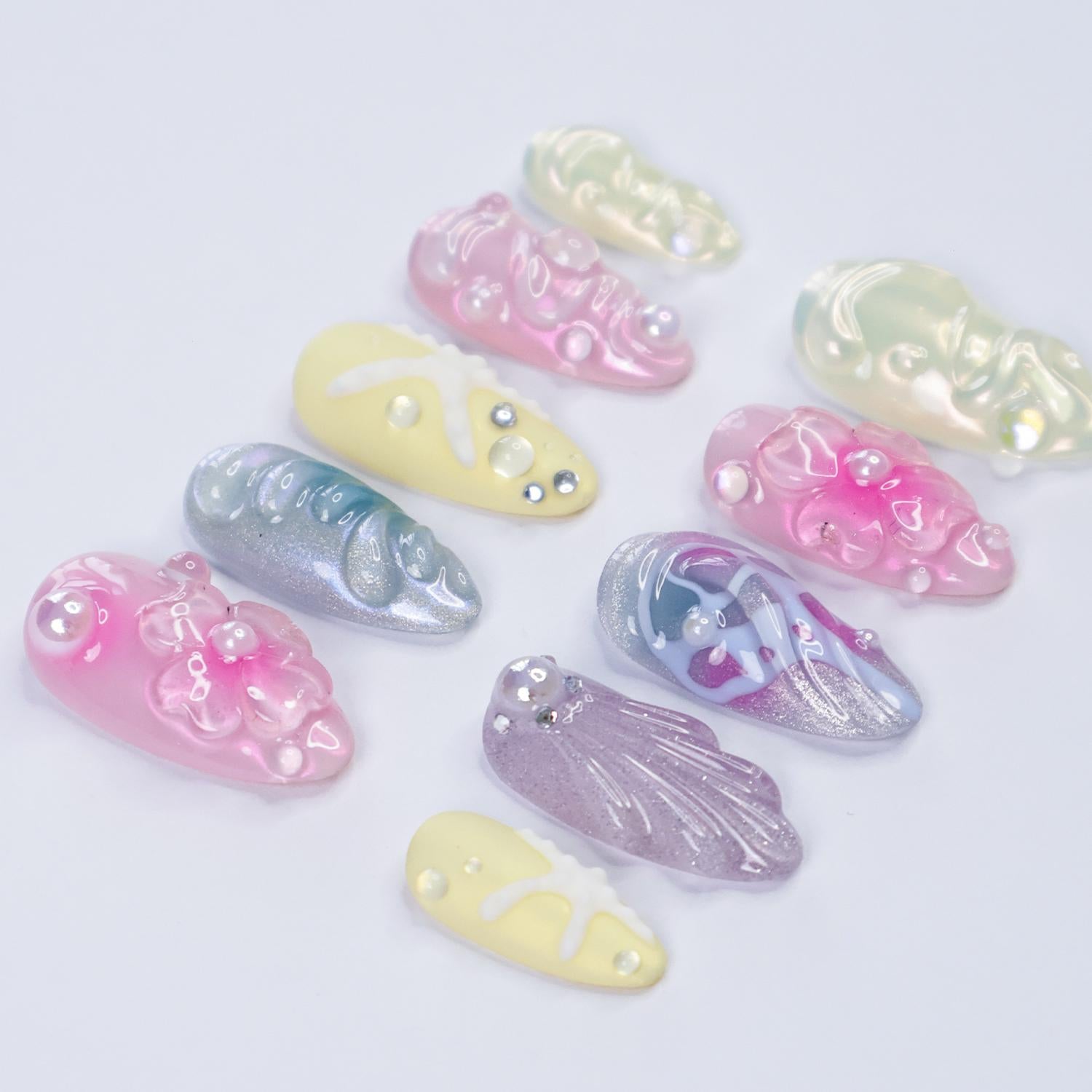 Mermaid Press On Nails, 3D Starfish Seashell Flower Nails, Iridescent Pearl Ocean Nails, Handmade Summer Beach Nails, Reusable Fake Nails