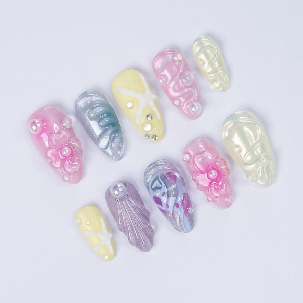 Mermaid Press On Nails, 3D Starfish Seashell Flower Nails, Iridescent Pearl Ocean Nails, Handmade Summer Beach Nails, Reusable Fake Nails