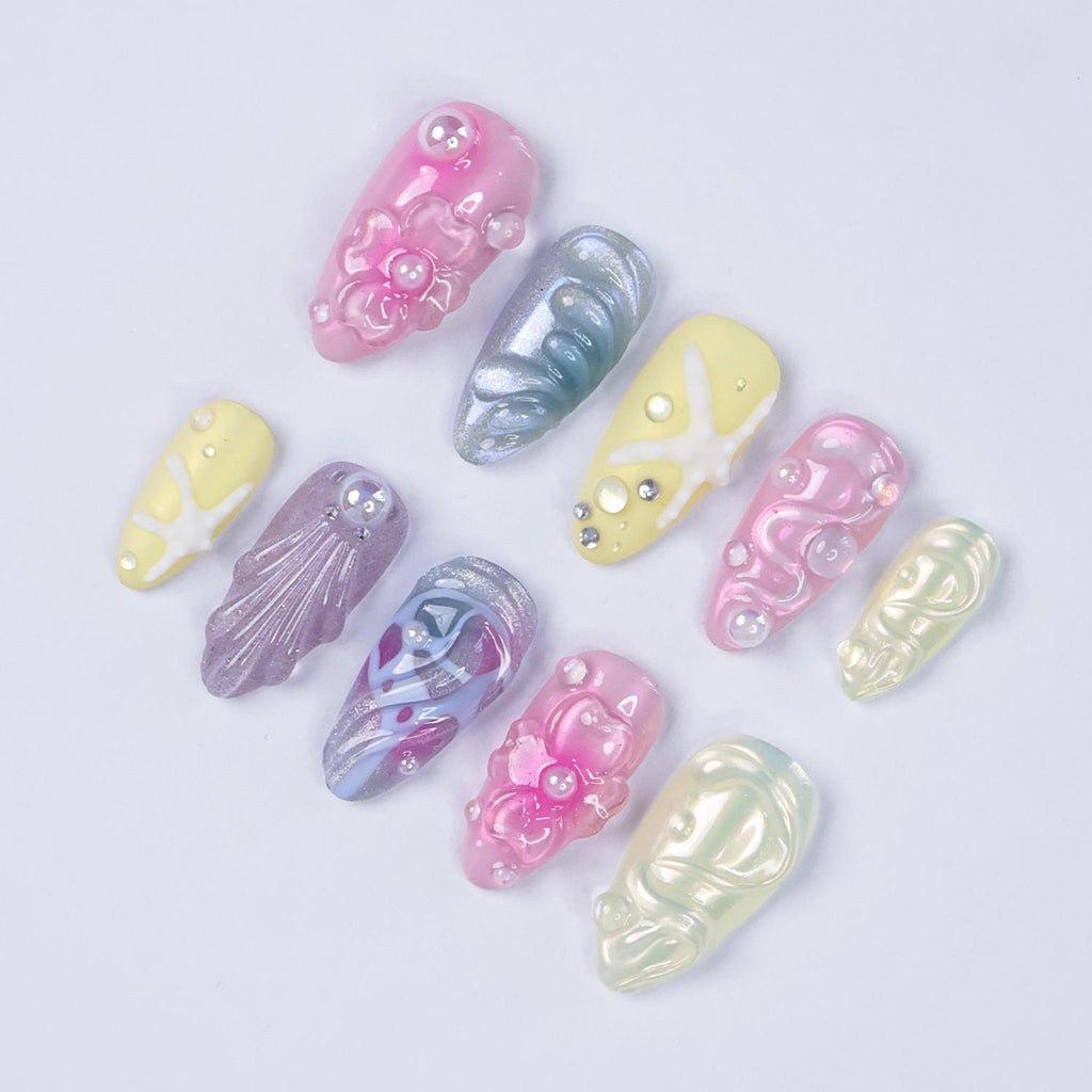 Mermaid Press On Nails, 3D Starfish Seashell Flower Nails, Iridescent Pearl Ocean Nails, Handmade Summer Beach Nails, Reusable Fake Nails