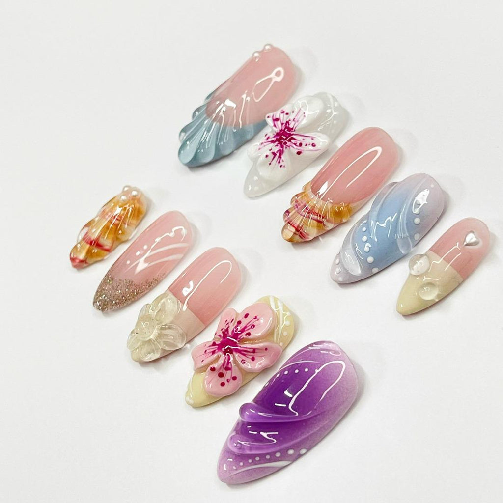Press On Nails Sakura with French Tip Shell | 3D Floral Fake Nails in Medium Almond | Handmade Summer Nail Art for Holiday, Vacation, Gift