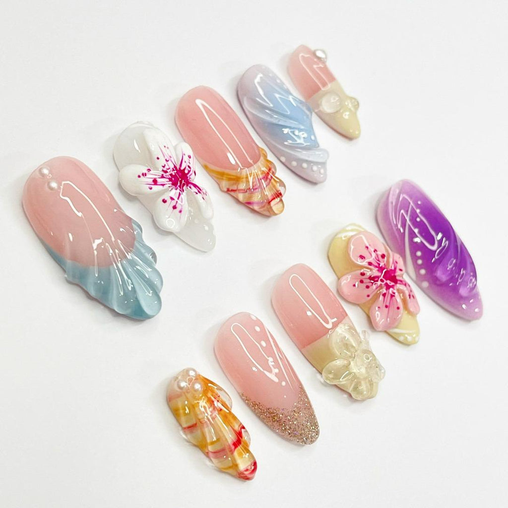 Press On Nails Sakura with French Tip Shell | 3D Floral Fake Nails in Medium Almond | Handmade Summer Nail Art for Holiday, Vacation, Gift