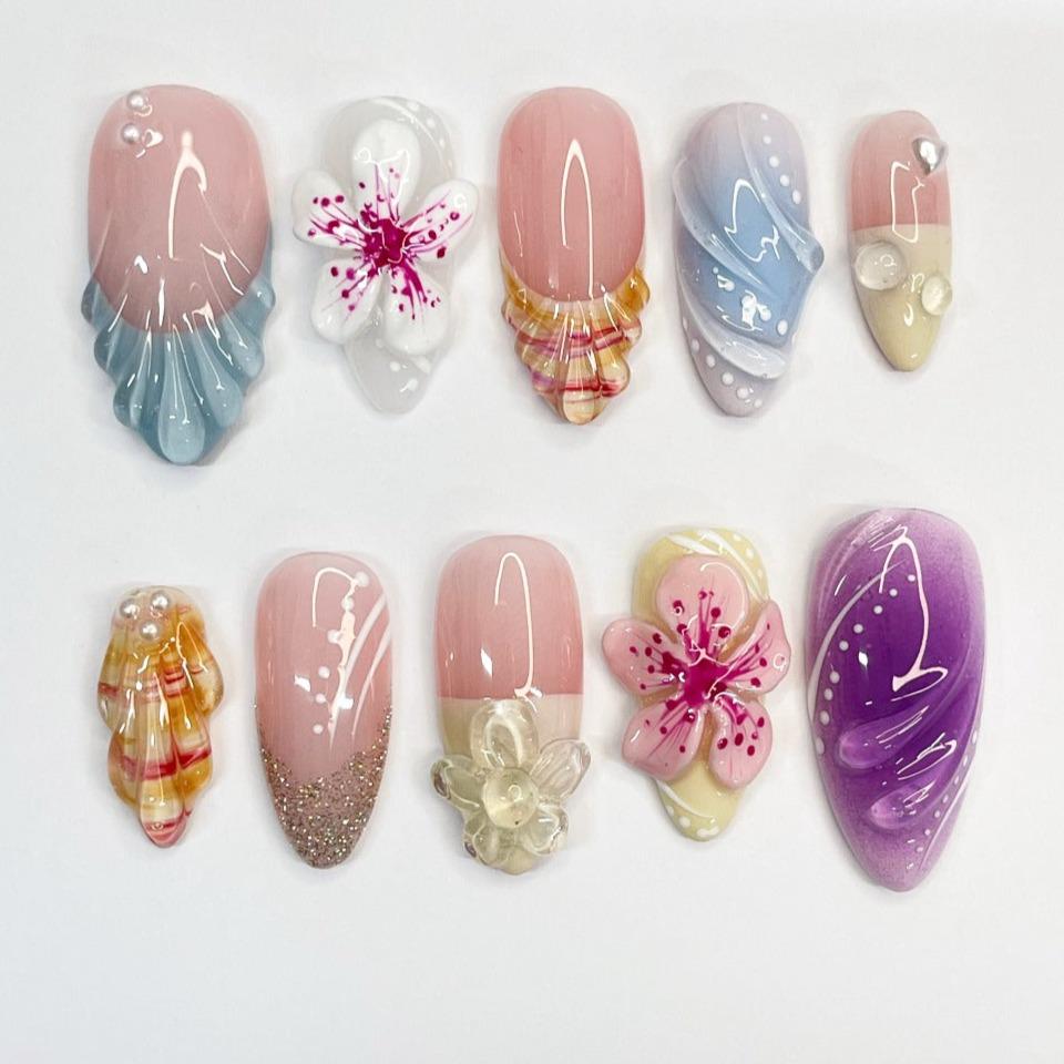 Press On Nails Sakura with French Tip Shell | 3D Floral Fake Nails in Medium Almond | Handmade Summer Nail Art for Holiday, Vacation, Gift