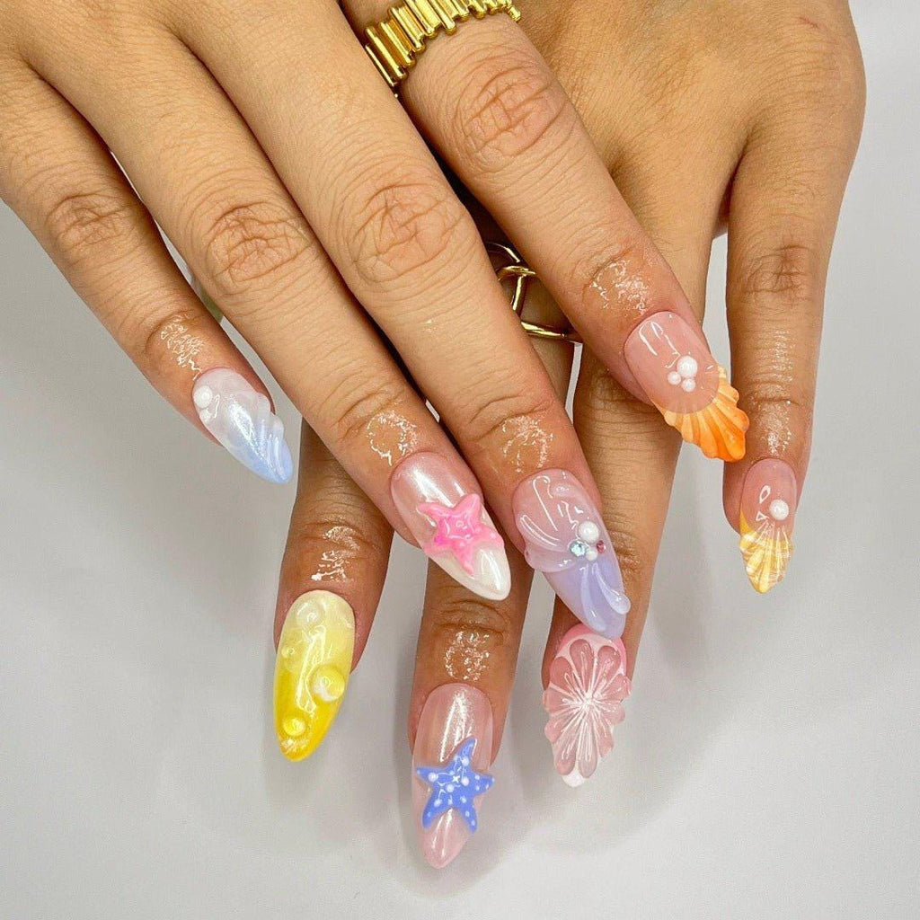 Press On Nails Starfish & Shell with Fruit | Colorful 3D Fake Nails in Medium Almond | Handmade Summer Nail Art for Holiday, Vacation, Gift