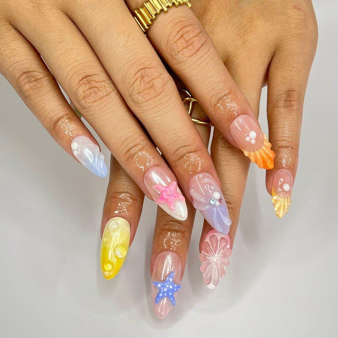 Press On Nails Starfish & Shell with Fruit | Colorful 3D Fake Nails in Medium Almond | Handmade Summer Nail Art for Holiday, Vacation, Gift