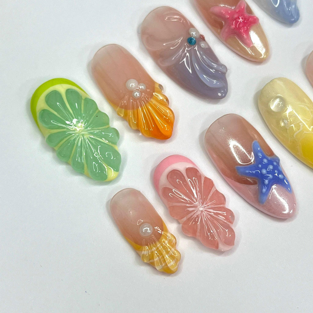 Press On Nails Starfish & Shell with Fruit | Colorful 3D Fake Nails in Medium Almond | Handmade Summer Nail Art for Holiday, Vacation, Gift