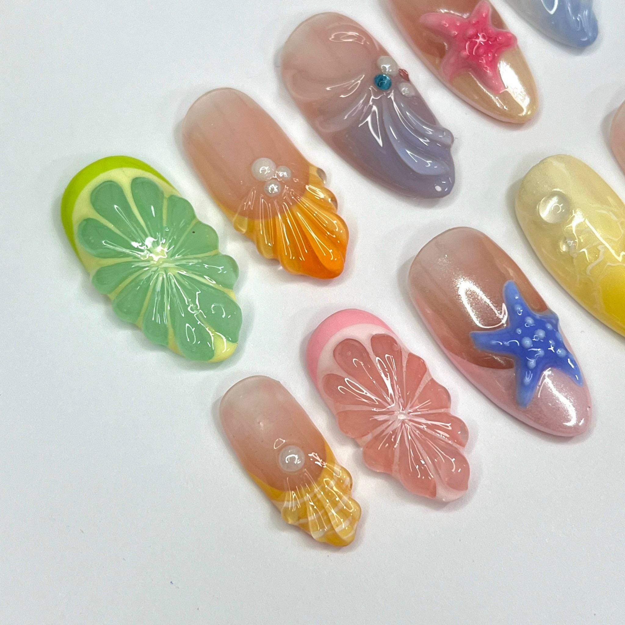 Press On Nails Starfish & Shell with Fruit | Colorful 3D Fake Nails in Medium Almond | Handmade Summer Nail Art for Holiday, Vacation, Gift