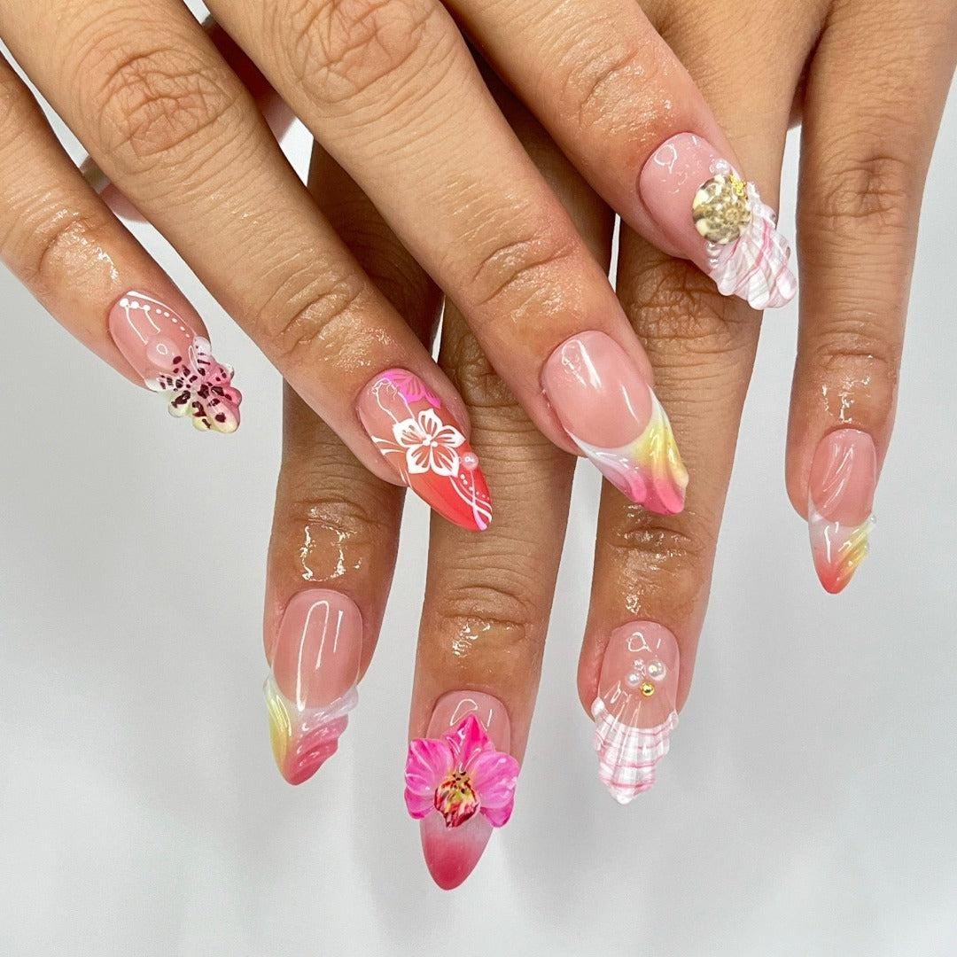 Press On Nails Tropical Orchid with Shell | 3D Fake Nails in Medium Almond | Handmade Summer Nail Art for Holiday, Vacation, Birthday