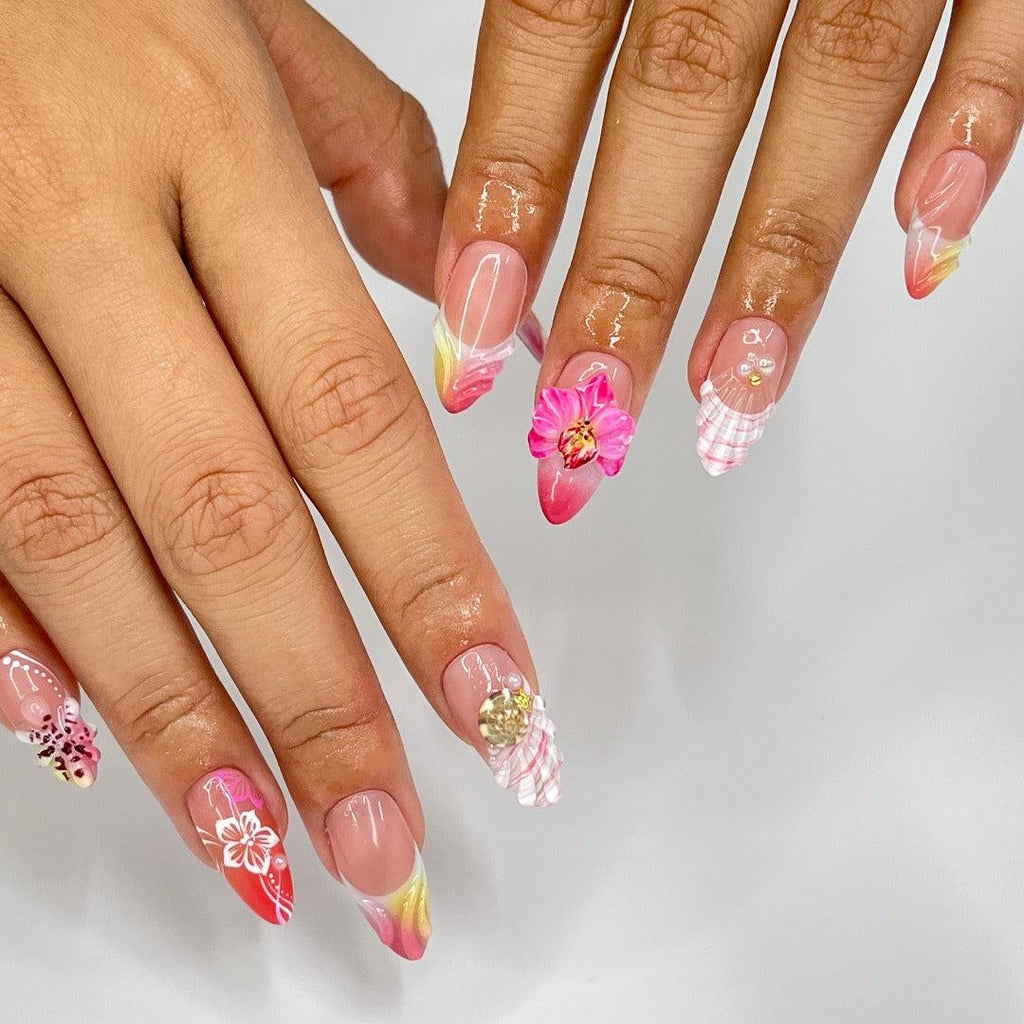 Press On Nails Tropical Orchid with Shell | 3D Fake Nails in Medium Almond | Handmade Summer Nail Art for Holiday, Vacation, Birthday