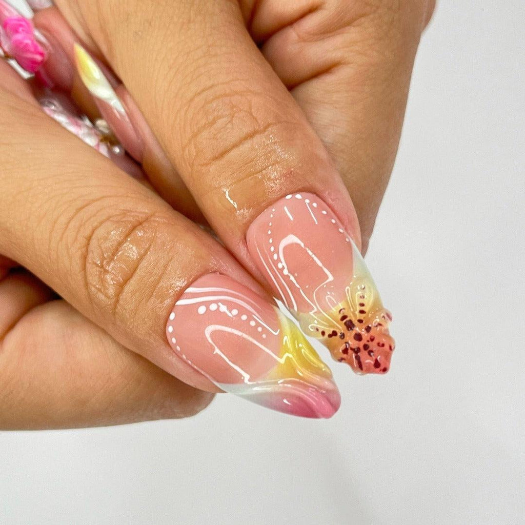 Press On Nails Tropical Orchid with Shell | 3D Fake Nails in Medium Almond | Handmade Summer Nail Art for Holiday, Vacation, Birthday