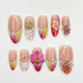 Press On Nails Tropical Orchid with Shell | 3D Fake Nails in Medium Almond | Handmade Summer Nail Art for Holiday, Vacation, Birthday