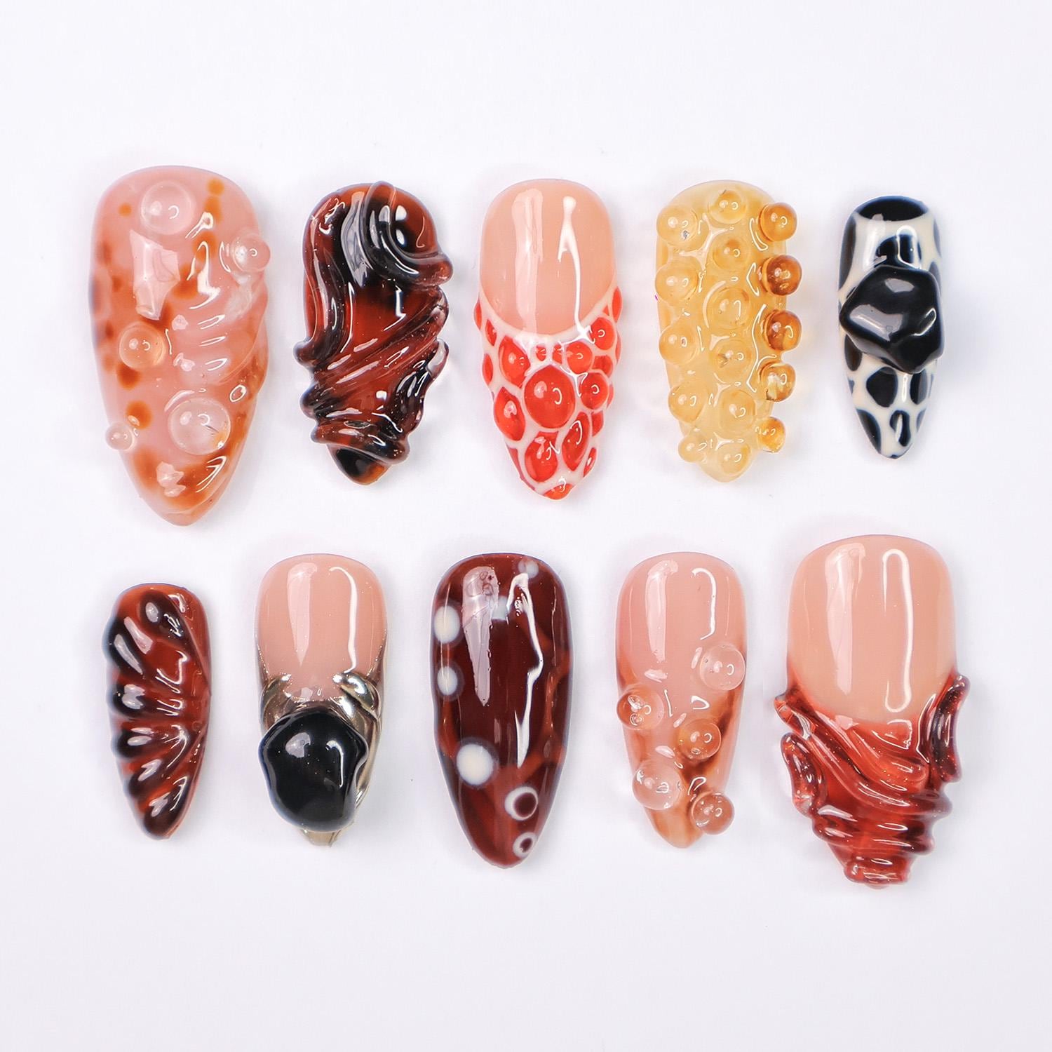 Molten Press-On Nails With Brown, Caramel & Black Abstract Nail Art, Long Square Set for Artistic Looks, Edgy Aesthetics and Unique Gifts