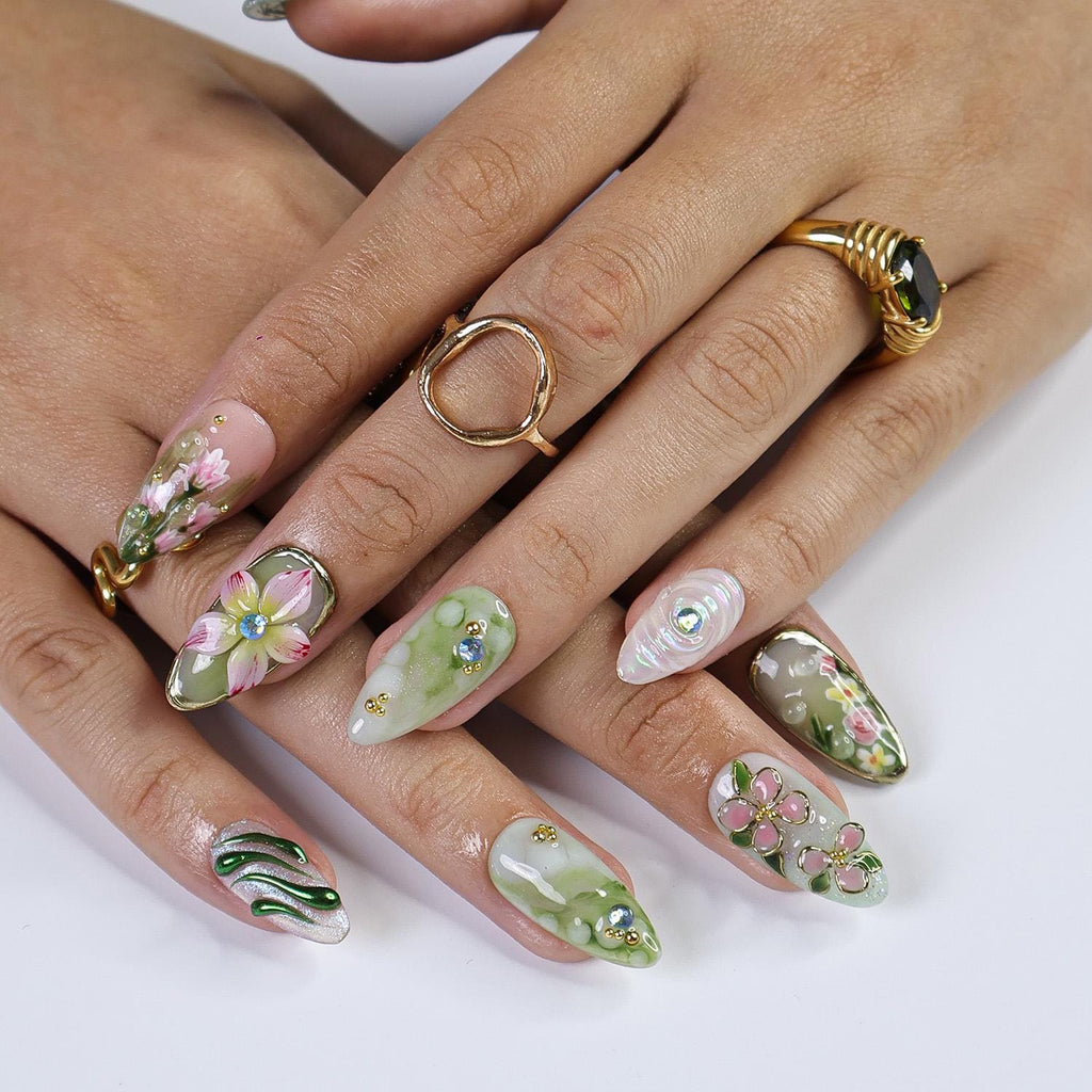 Press On Nails Dragonfly with Pink Flower | 3D Nature Fake Nails in Long Almond | Handmade Spring Nail Art for Holiday, Vacation, Birthday