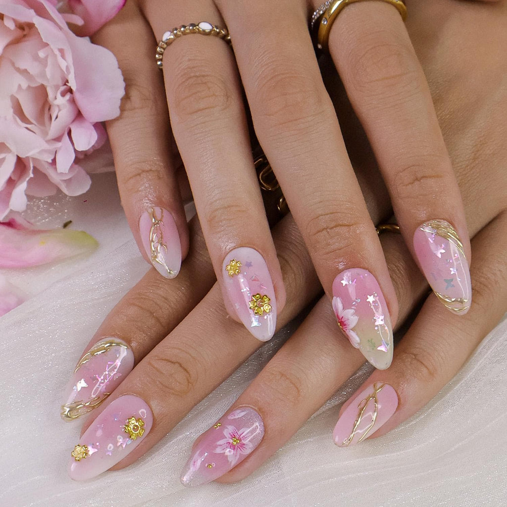 Press On Nails 3D Sakura with Gold Detailing | Pastel Fake Nails in Short Almond | Handmade Spring Nail Art for Holiday, Vacation, Birthday
