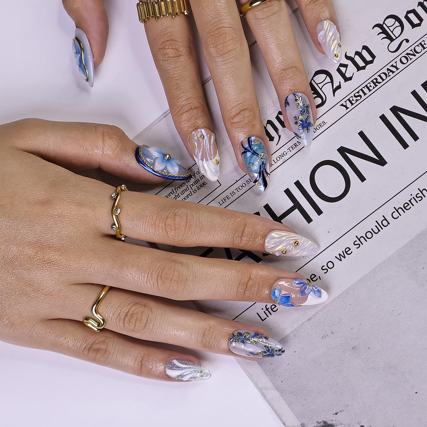 PressOn Nails Blue Flower with Gold Accent | 3D Floral Fake Nail in Medium Almond | Handmade Spring Nail Art for Holiday, Vacation, Birthday