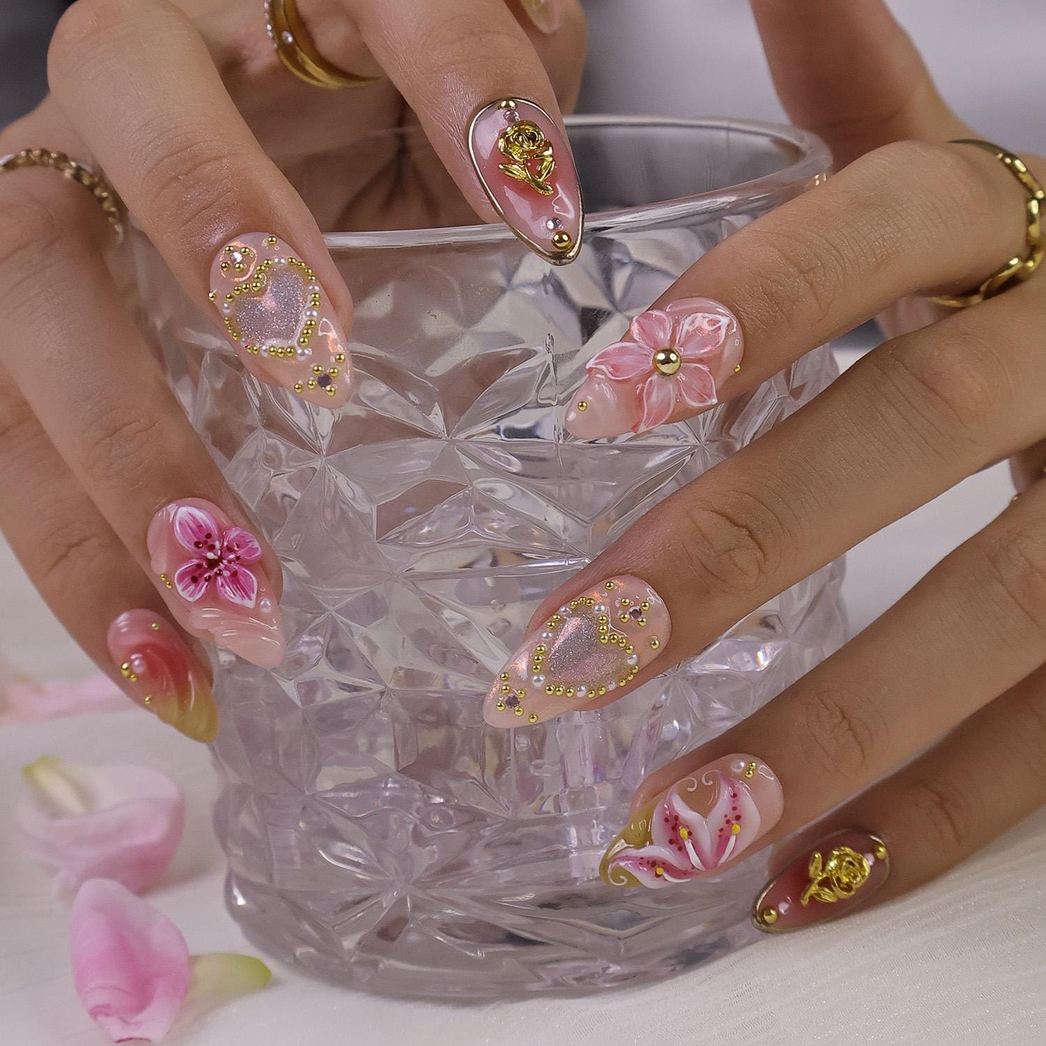 3D Pink Lily Flower Press On Nails, Gold Heart & Rose Spring Nail in Medium Almond, Elegant Handmade Nail for Wedding, Anniversary, Birthday