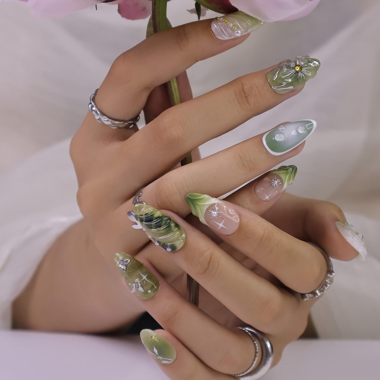 Green Botanical Bloom Press On Nails with 3D Floral Accents, Silver Butterflies, Suitable for Spring Event, Garden Party, Gift for Her