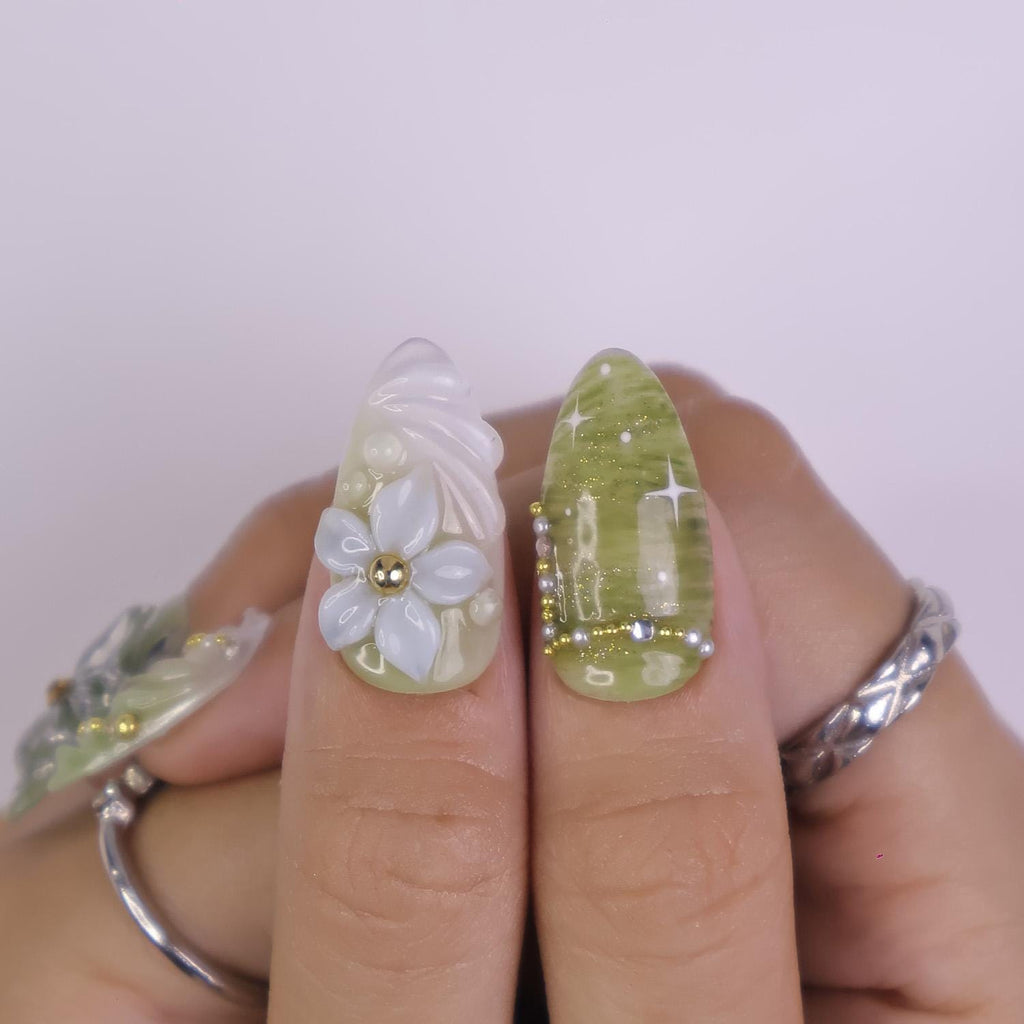 Green Botanical Bloom Press On Nails with 3D Floral Accents, Silver Butterflies, Suitable for Spring Event, Garden Party, Gift for Her