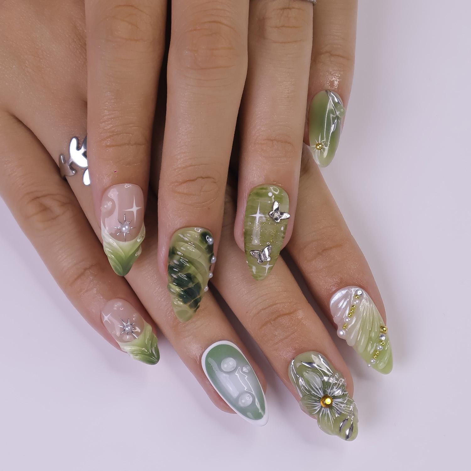 Green Botanical Bloom Press On Nails with 3D Floral Accents, Silver Butterflies, Suitable for Spring Event, Garden Party, Gift for Her