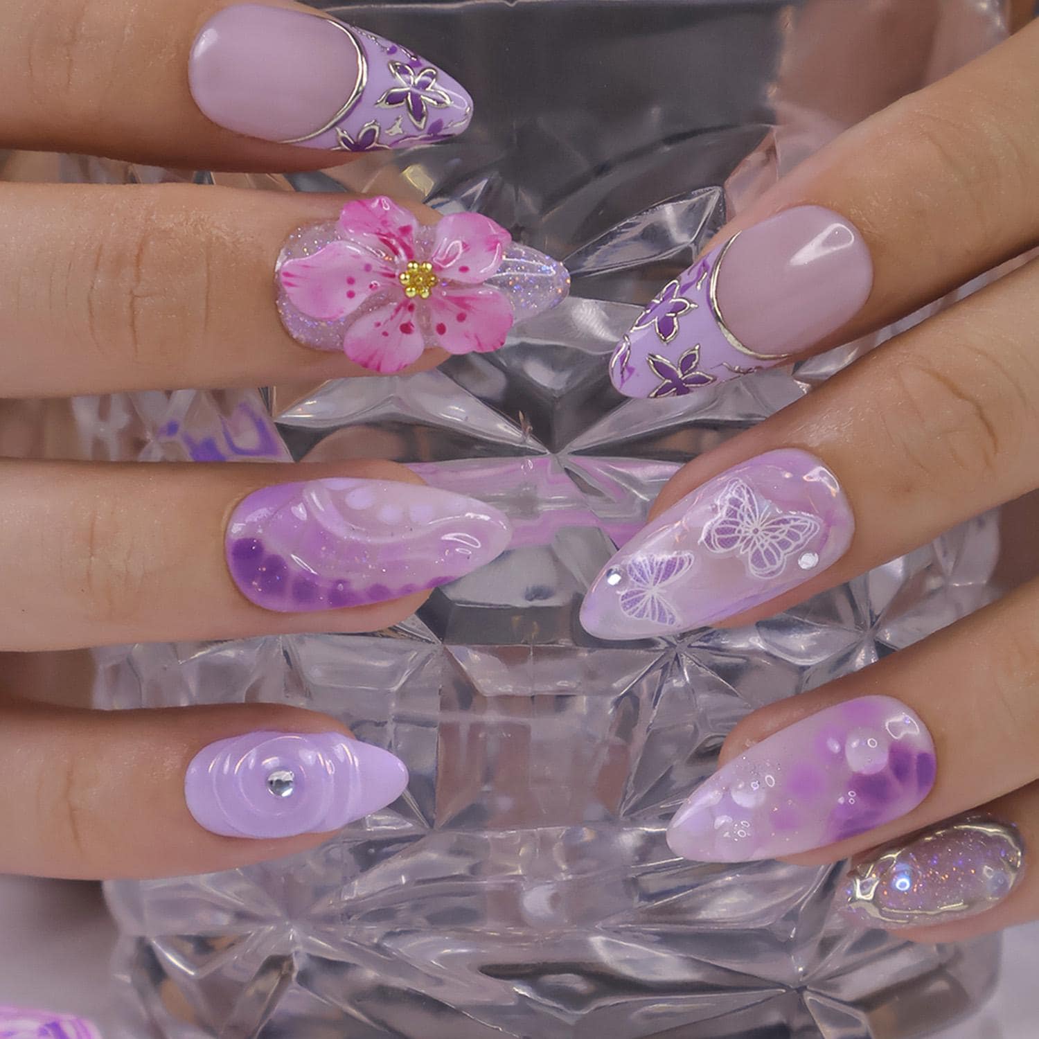 Press On Nails Purple Flower with Butterfly | 3D Pastel Fake Nails in Medium Almond | Handmade Spring Nail Art for Holiday, Vacation, Gift