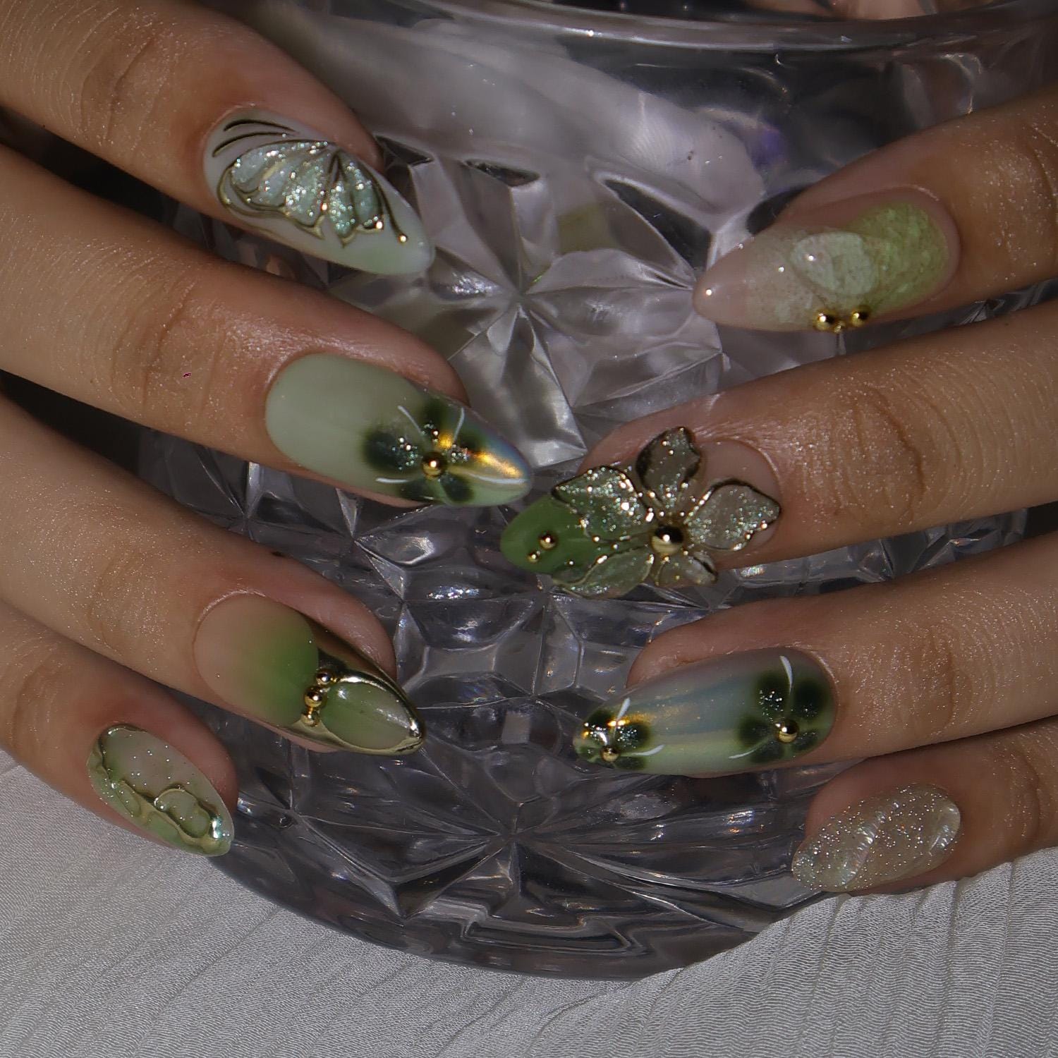 Press On Nails Green Butterfly with Gold Vine | 3D Floral Fake Nails in Medium Almond | Handmade Spring Nail Art for Holiday, Vacation, Gift
