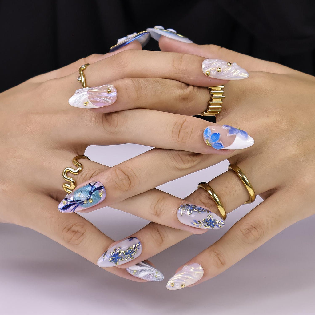 PressOn Nails Blue Flower with Gold Accent | 3D Floral Fake Nail in Medium Almond | Handmade Spring Nail Art for Holiday, Vacation, Birthday
