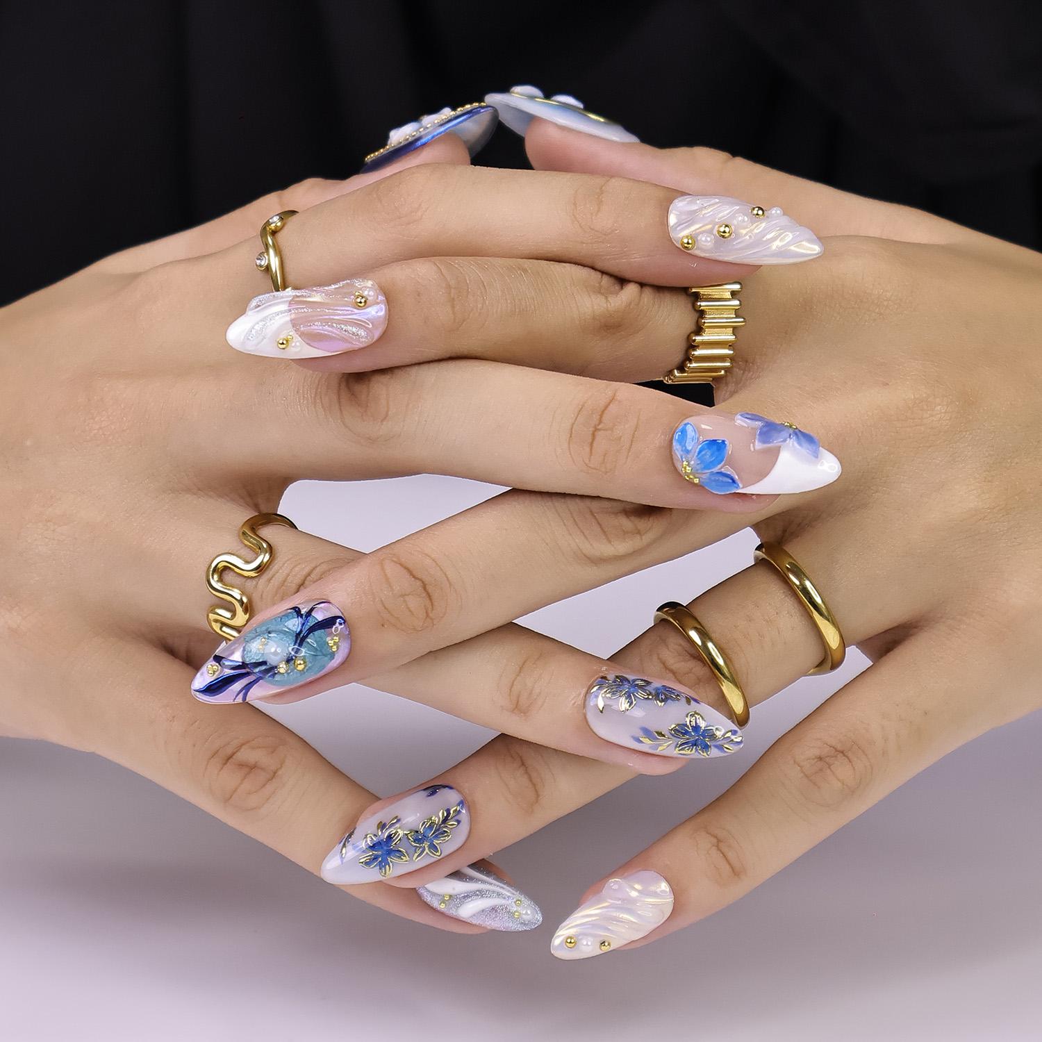 PressOn Nails Blue Flower with Gold Accent | 3D Floral Fake Nail in Medium Almond | Handmade Spring Nail Art for Holiday, Vacation, Birthday