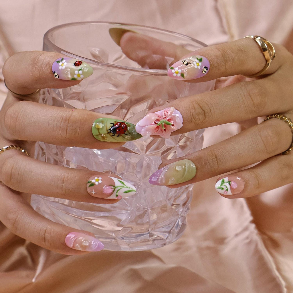 Press On Nails Ladybug with Bee | 3D Floral Fake Nails in Long Almond Shape | Handmade Spring Nail Art for Holiday, Vacation, Birthday, Gift