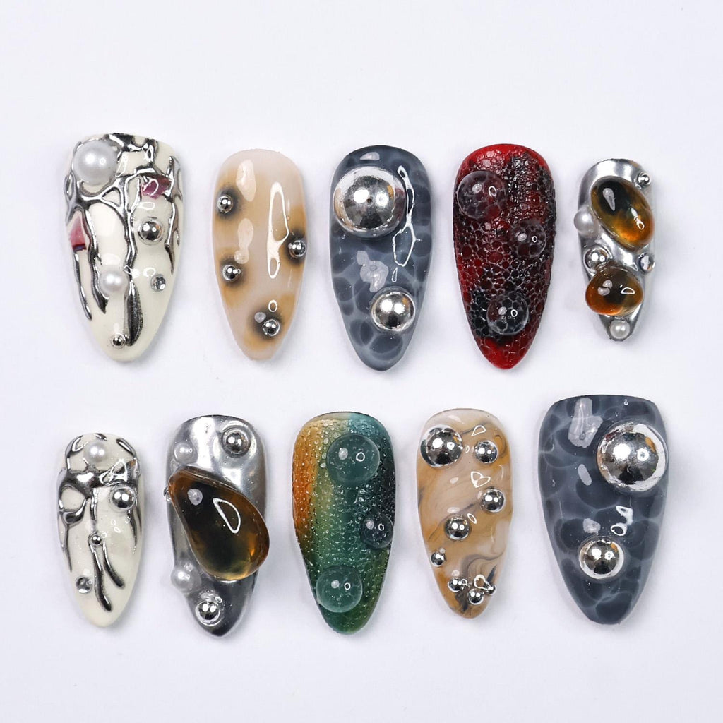 Press On Nails Galactic Gaze with Metallic Art | 3D Fake Nails in Medium Almond | Handmade Futuristic Nail Art for Holiday, Vacation, Gift
