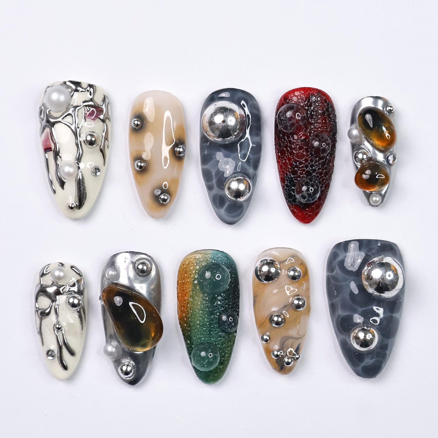 Press On Nails Galactic Gaze with Metallic Art | 3D Fake Nails in Medium Almond | Handmade Futuristic Nail Art for Holiday, Vacation, Gift