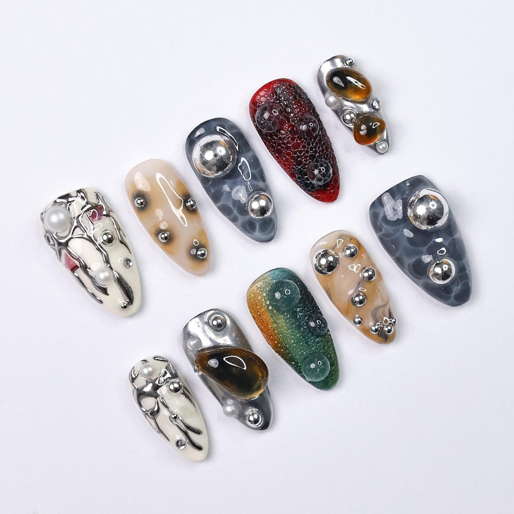 Press On Nails Galactic Gaze with Metallic Art | 3D Fake Nails in Medium Almond | Handmade Futuristic Nail Art for Holiday, Vacation, Gift