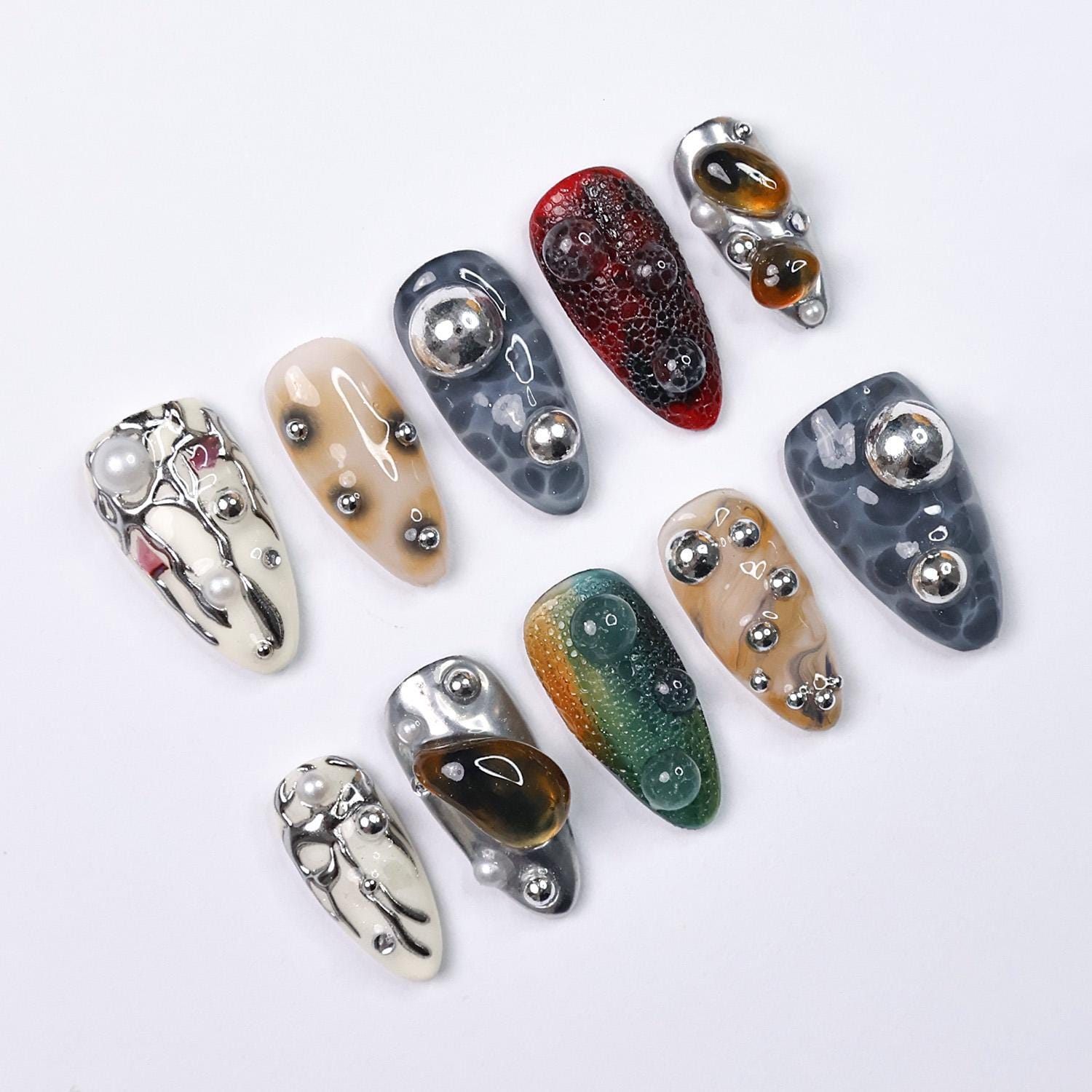 Press On Nails Galactic Gaze with Metallic Art | 3D Fake Nails in Medium Almond | Handmade Futuristic Nail Art for Holiday, Vacation, Gift