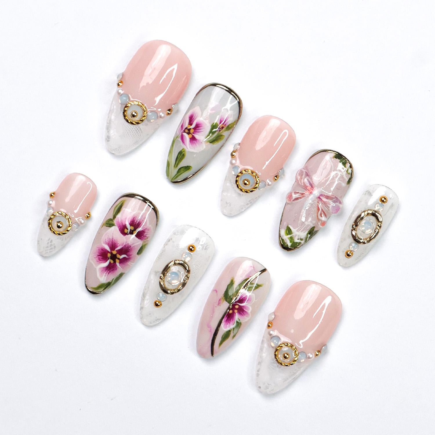 Press On Nails Dragonfly with Lace Textures | Hand-Painted Floral Fake Nails in Medium Almond | Handmade Bridal Nail Art for Wedding, Prom