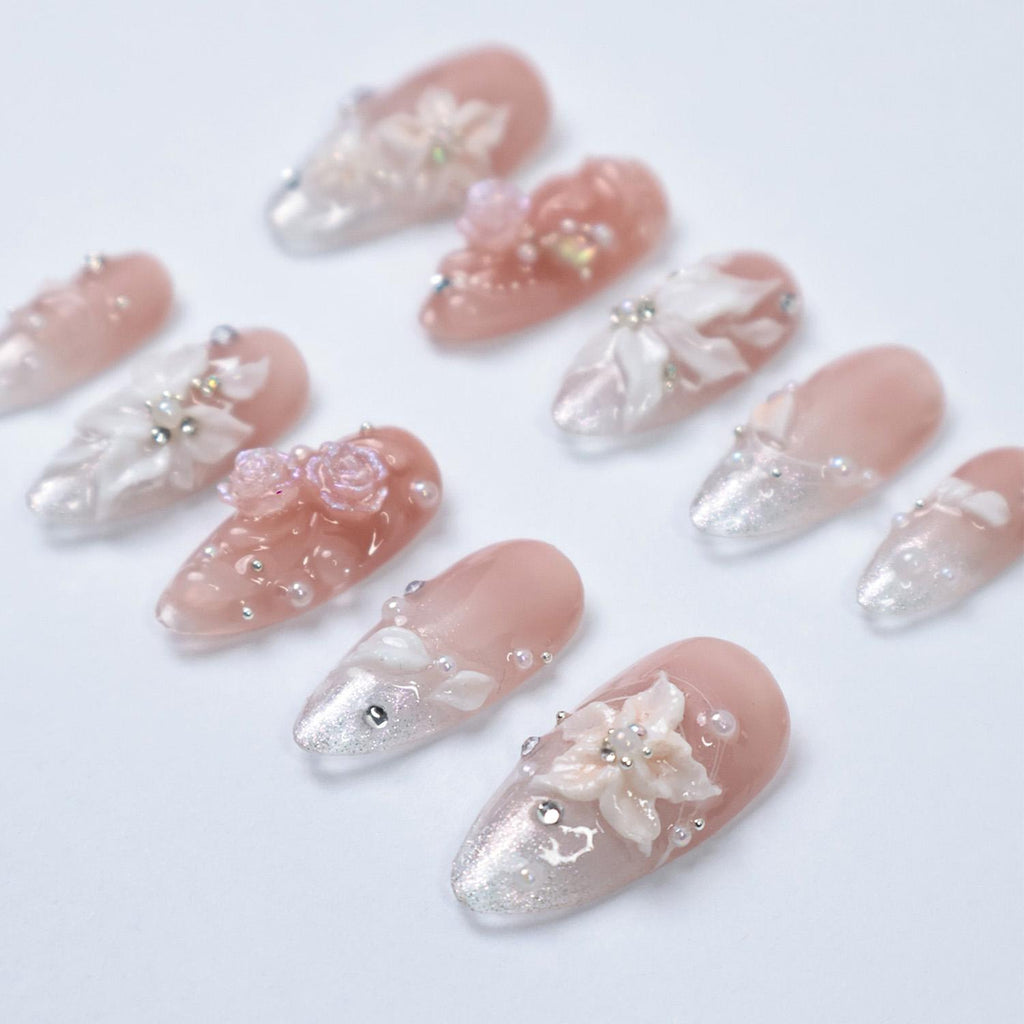 Bridal Press On Nails with 3D White Flowers and Sparkle Tips, Nude Pink Wedding Nails for Bride, Handmade Elegant Fake Nails
