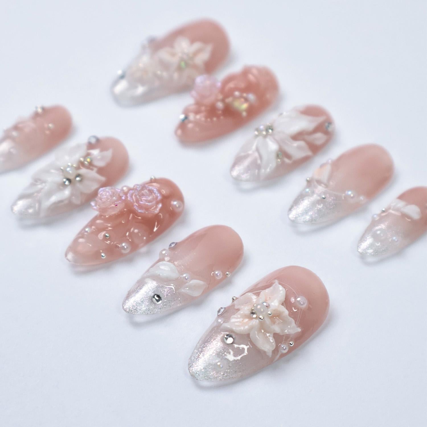 Bridal Press On Nails with 3D White Flowers and Sparkle Tips, Nude Pink Wedding Nails for Bride, Handmade Elegant Fake Nails