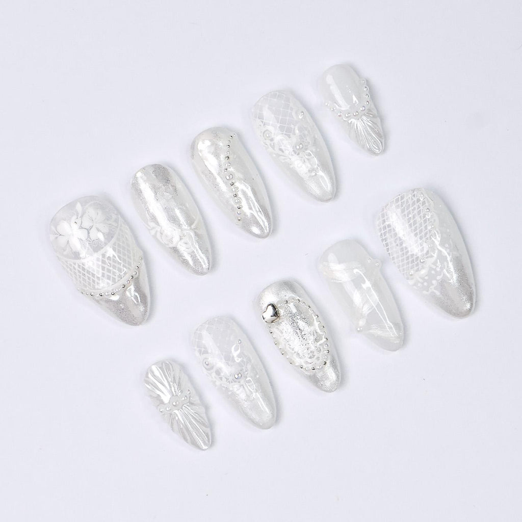 Press On Nails Lunaria with Lace Textures & Pearl | Iridescent Bridal Fake Nails in Almond Shape | Handmade Nail Art for Wedding, Holiday