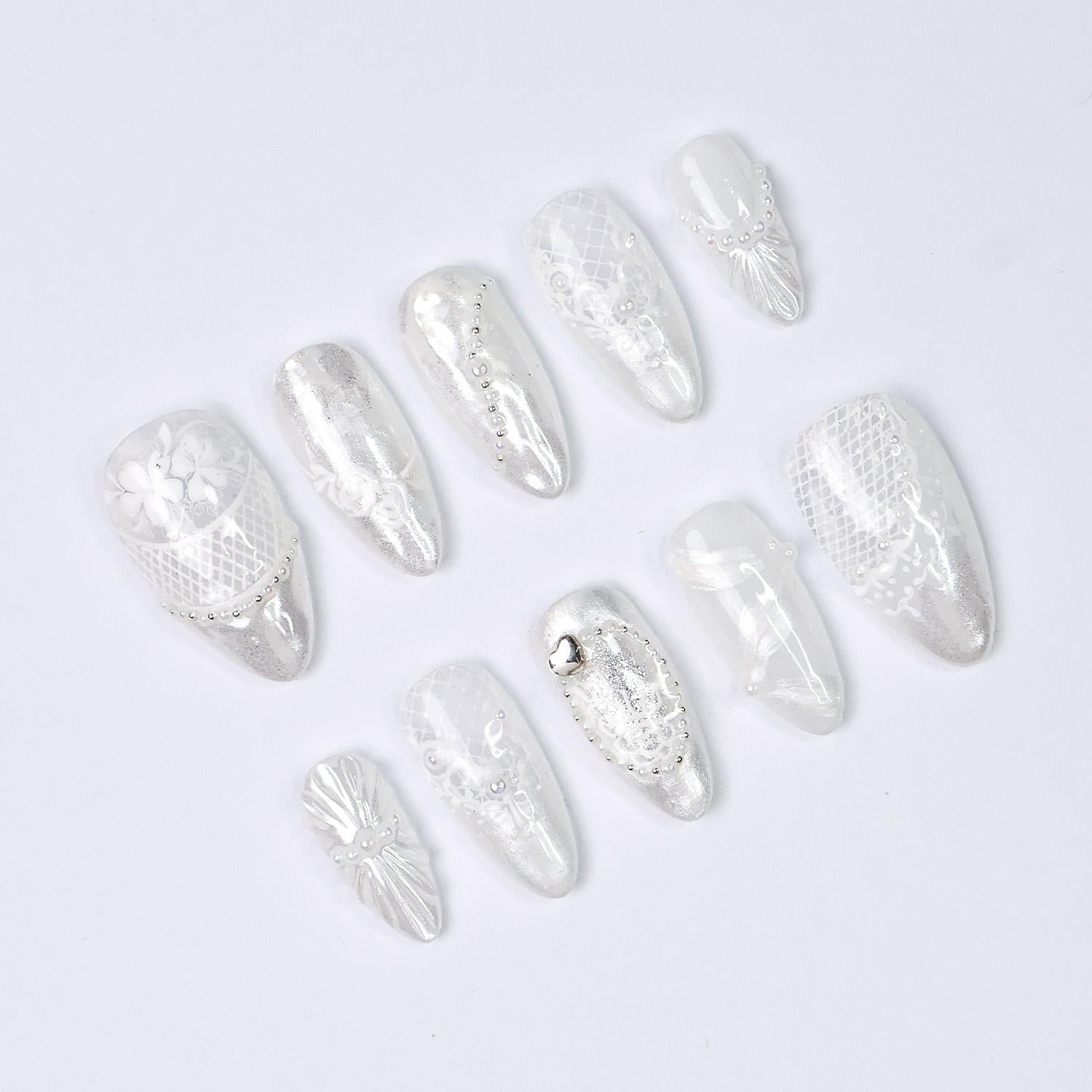 Press On Nails Lunaria with Lace Textures & Pearl | Iridescent Bridal Fake Nails in Almond Shape | Handmade Nail Art for Wedding, Holiday
