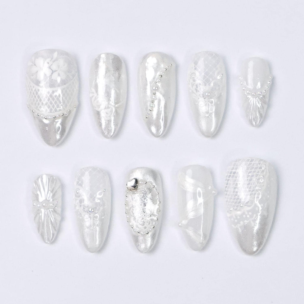 Press On Nails Lunaria with Lace Textures & Pearl | Iridescent Bridal Fake Nails in Almond Shape | Handmade Nail Art for Wedding, Holiday