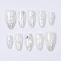 Press On Nails Lunaria with Lace Textures & Pearl | Iridescent Bridal Fake Nails in Almond Shape | Handmade Nail Art for Wedding, Holiday