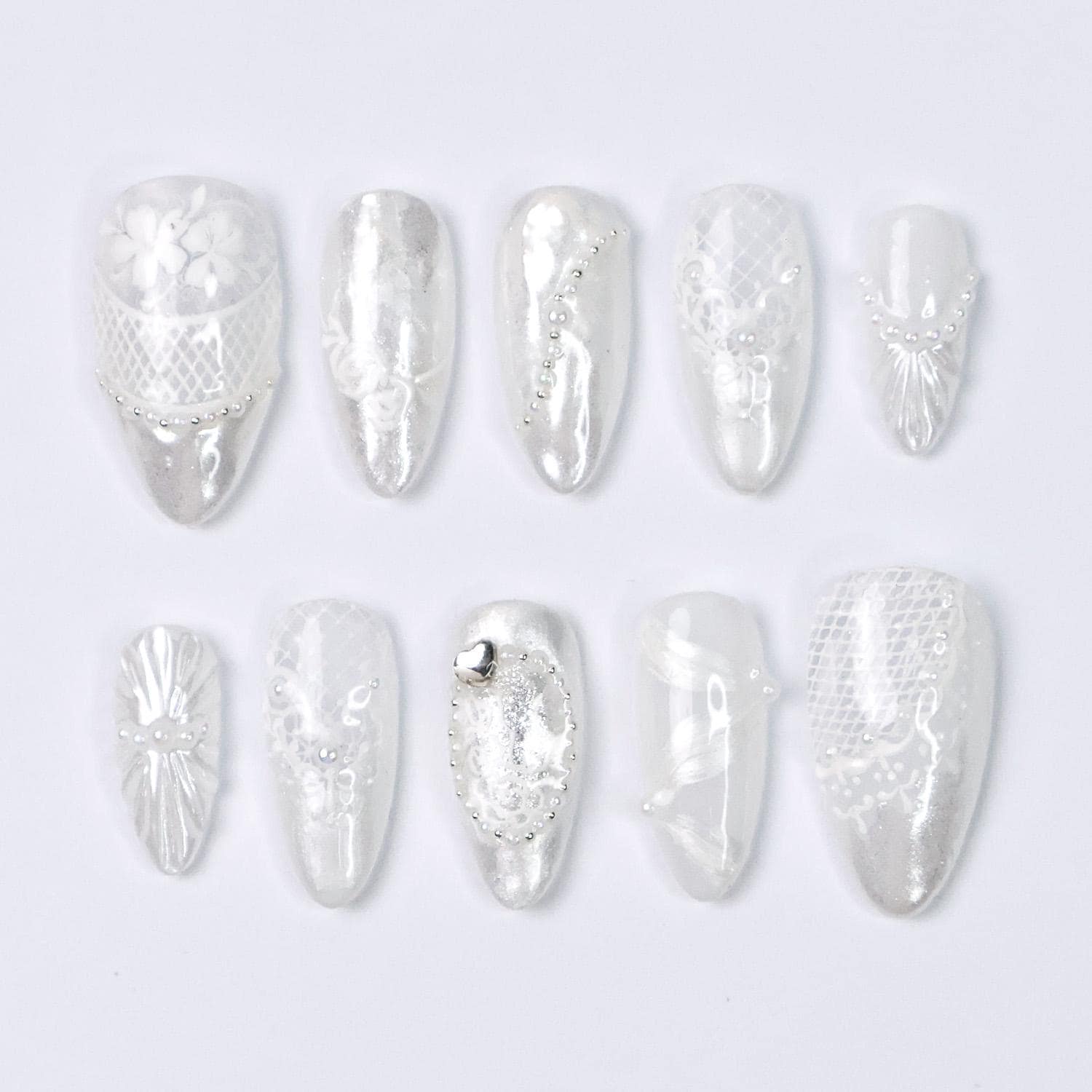 Press On Nails Lunaria with Lace Textures & Pearl | Iridescent Bridal Fake Nails in Almond Shape | Handmade Nail Art for Wedding, Holiday