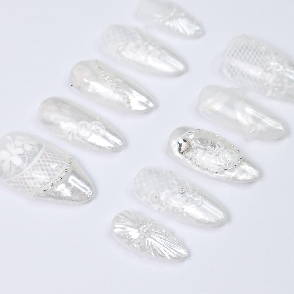 Press On Nails Lunaria with Lace Textures & Pearl | Iridescent Bridal Fake Nails in Almond Shape | Handmade Nail Art for Wedding, Holiday