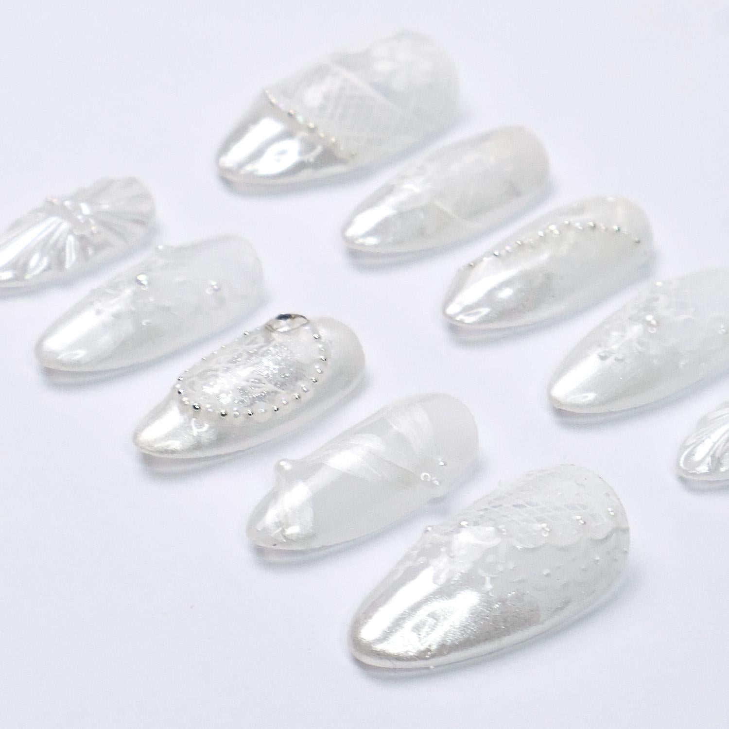 Press On Nails Lunaria with Lace Textures & Pearl | Iridescent Bridal Fake Nails in Almond Shape | Handmade Nail Art for Wedding, Holiday