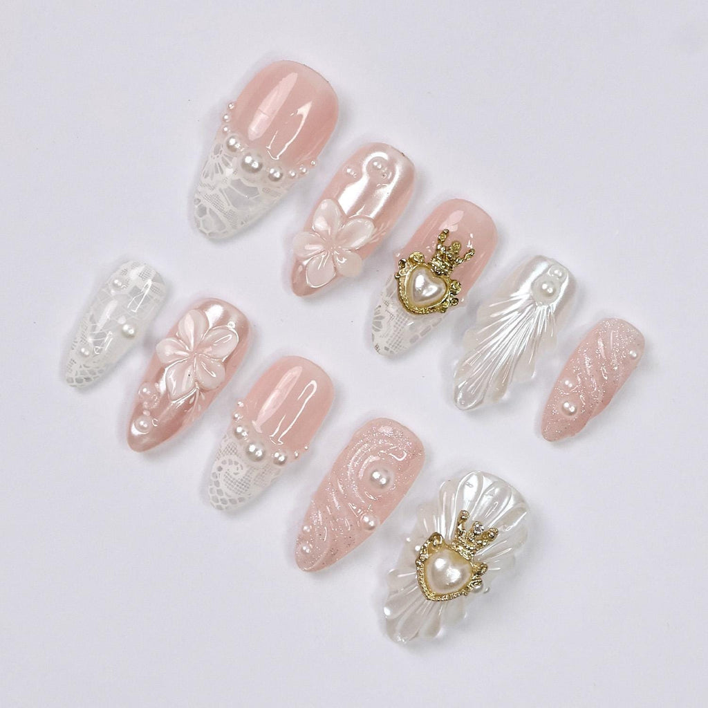Press On Nails Pearlora Crown Heart with Lace Texture | 3D Floral Fake Nail in Medium Almond | Handmade Nail Art for Wedding, Prom, Birthday