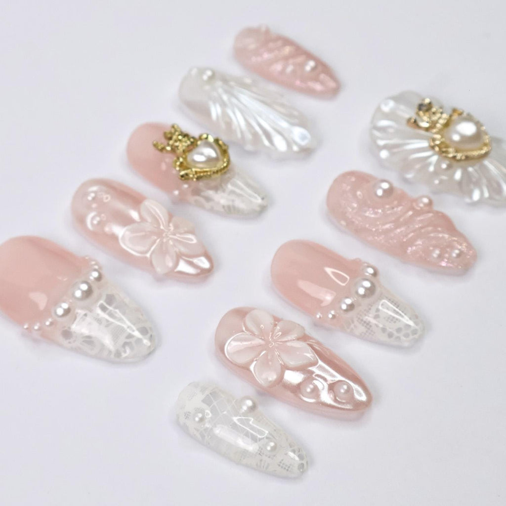 Press On Nails Pearlora Crown Heart with Lace Texture | 3D Floral Fake Nail in Medium Almond | Handmade Nail Art for Wedding, Prom, Birthday